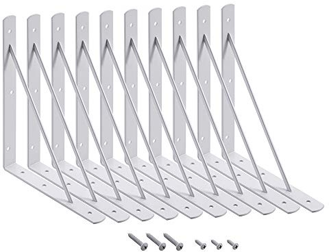 HOME MASTER HARDWARE 10 x 8 inch Metal Shelf Brackets, 90° Triangle L-Bracket, Wall Mount Supports for Floating Shelves w/ Screws, White 10-Pack