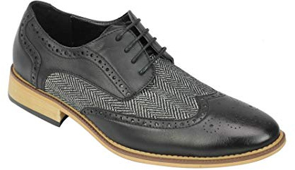 Mens Classic Gatsby Style Tweed Herringbone Smart Formal Brogue Shoes Classic Oxford Lace Ups[A2312H,10 UK,Black,Grey]