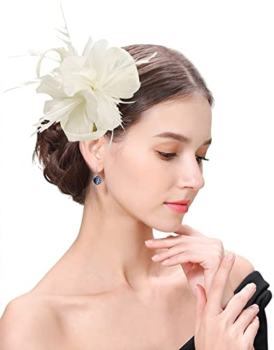 Z&X Women Feather Flower Fascinator Hat with Hair Clip Brooch for Wedding Tea Party Hat, B-Beige