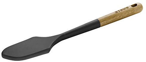 STAUB Silcone Spatula, Great for Mixing, Folding, Scraping, and Spreading, Durable BPA-Free Matte Black Silicone, Acacia Wood Handles, Safe for Nonstick Cooking Surfaces