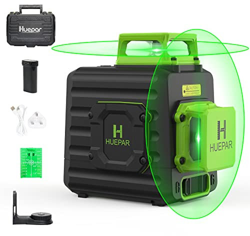 360 Laser Level Huepar Green Beam Cross Line Self Leveling, 2X 360 Vertical/Horizontal Line Switchable with USB Rechargeable Battery & Magnetic Pivoting Base, Leveling & Alignment Laser Level - B02CG