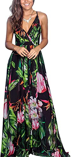 BUOYDM Vestiti Donna Estivi Lunghi Casual Eleganti Abiti Donna Scollo a V Senza Maniche Vestito Boho Fiore Stampato Maxi Lunga Sexy Vacanze Spiaggia… Nero 2 XXL