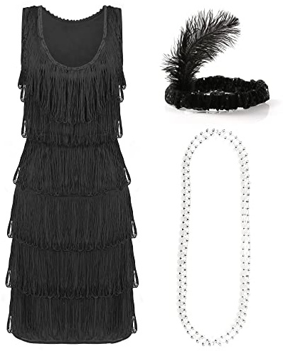 ILOVEFANCYDRESS Costume da Flapper Deluxe per Donna - Abito Nero con Frange 1920 con Copricapo di Paillettes di Piume Abbinato Charleston Anni 1920 - Taglia: X-Grande (EUR 46/48)