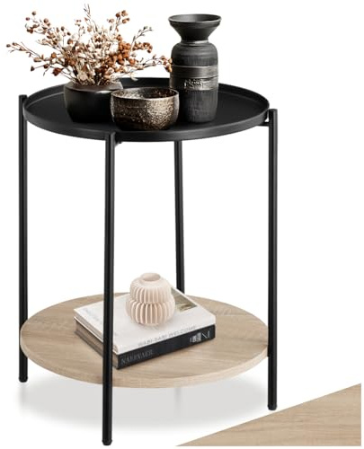 tectake® Tavolino Salotto Tondo 45,5x54,5cm, Tavolino da Divano o Comodino Stretto, Ripiano Vassoio, Soggiorno, Casa, Ufficio per Libri, Lampade, Computer Portatile, Bevande - Legno Industriale Chiaro