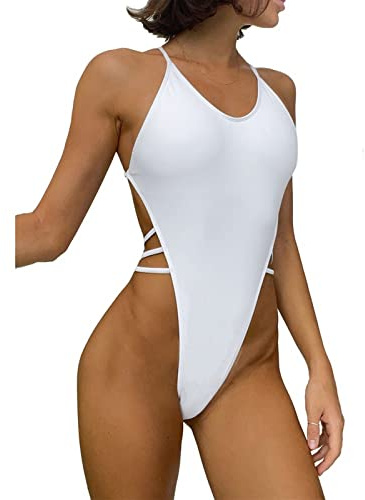 Faringoto Costume da Bagno Sexy per Donna, Costume Intero da Spiaggia, Costume da Mare con Perizoma, bianco, S