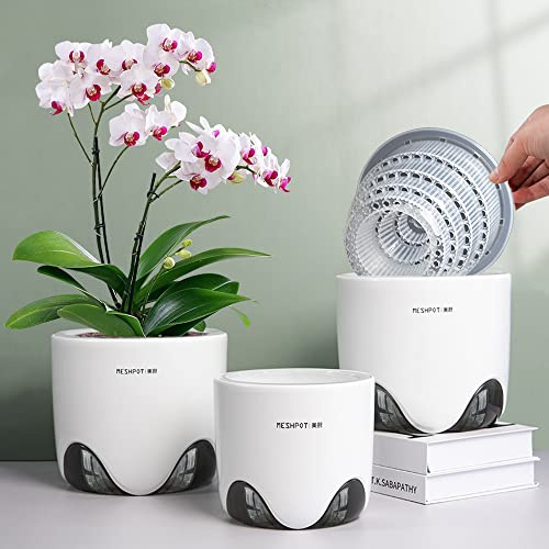 Meshpot 6 inch Orchid Pots with Holes for Repotting with Excellent Airflow, Set of 2, Double Layer Plastic Imitate Ceramic Orchid Planter, Clear Orchid Pot Match Decorative Orchid Container