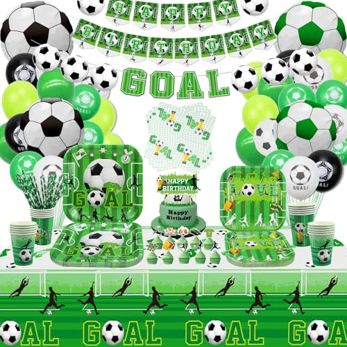 Hegbolke Forniture per feste di compleanno a tema calcio - inclusi sacchetti, braccialetti in silicone, piatti, tazze, tovaglioli, tovaglia, palloncini, striscione - per 20 persone