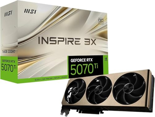MSI GeForce RTX 5070 Ti 16G INSPIRE 3X OC PLUS Graphics Card - RTX 5070 Ti GPU, 16GB GDDR7 (28Gbps/256-bit), PCIe 5.0 - Triple Fan Thermal Design (3 x STORMFORCE Fan) - HDMI 2.1b, DisplayPort 2.1b