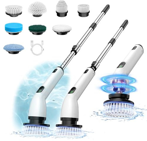 Electric Spin Scrubber, New Full-Body IPX7 Waterproof Cordless Electric Cleaning Brush with 4 Replaceable Heads, Upgraded Extension Handle, Power Scrubber for Bathtub, Tile, Floor