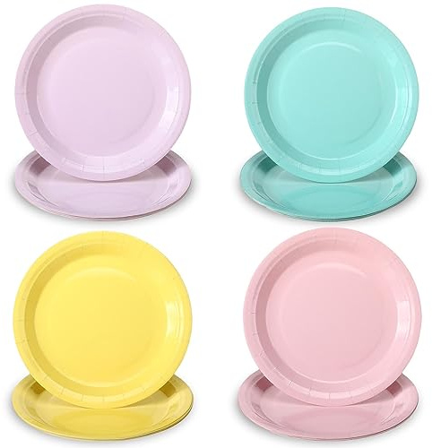 Uiifan 32 Pcs Pastel Paper Plates 9 Inch Pastel Party Decorations Macaron Colorful Disposable Plates Rainbow Tableware Set for Birthday Wedding Baby Shower Party Supplies 4 Colors