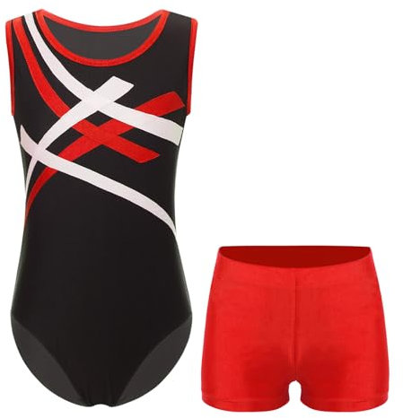 Alvivi Kinder Jungen Turnanzug Gymnastikanzug Ballettanzug Ärmellos Body mit Shorts Ballett Trikot Turn-Leotards Yoga Training Sportwear Rot 146-152