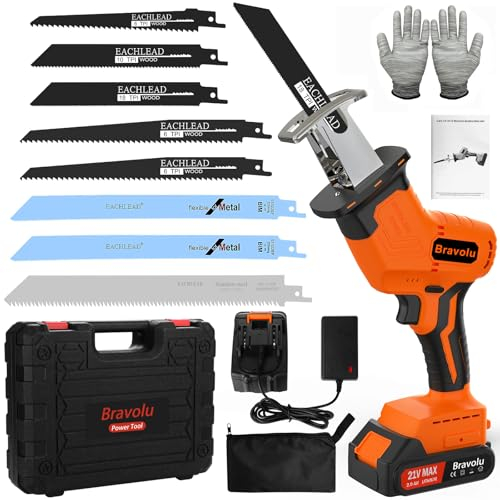 Sierra Sable Inalámbrica, Bravolu 21V Sierra de Sable Sin Escobillas con 2.0Ah Batería y 8 Hojas de Sierra, Velocidad Variable de 0-3500SPM, 20mm Longitud Carrera, Cargador Rápido