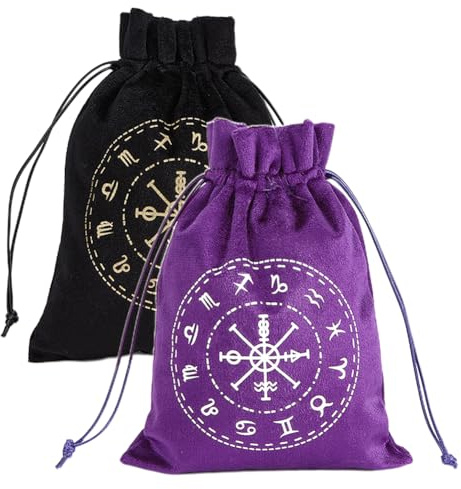 CREATCABIN 2 Bolsa Tarot Terciopelo Almacenamiento Tarjetas Tarot,12 Bolsas Constelaciones,Soporte para Runas con Cordones,Embalaje Grande para Cartas Tarot,Joyería Cristal,Dados,18x13cm,Negro Morado