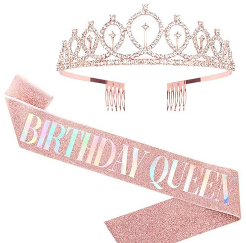 PLABBDPL 1 corona di compleanno + 1 cinghia, Oro rosa e glitter