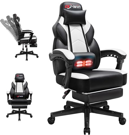 DL-win Video Gaming Chair for Adults, Computer Chair with Footrest and Ergonomic High Back, Big and Tall Gamer Chair with Massage Lumbar Support, 360° Swivel Height Adjustable Computer Chair, White