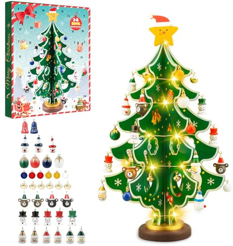 Dalugo Calendrier de l'Avent 2024, Calendrier de l'Avent avec compte à rebours de 24 Jours Arbre de Noël en Bois avec Lumières et 28 mini Ornements pour la Décoration de Table de Noël Cadeau de Fête