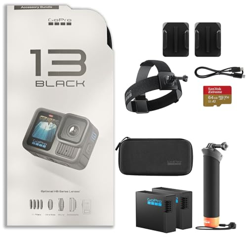 GoPro Hero13 Black 27MP Waterproof Action Camera - Special Accessory Bundle | 5.3K60 Ultra HD Video w/Handler, 2 Enduro 1900mAh Batteries, 64GB Extreme microSDXC Memory Card and Head Strap 2.0