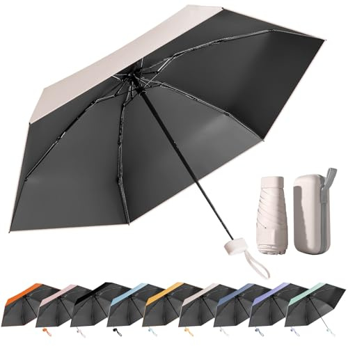 MPXEAVG Kompakter Regenschirm, Mini Schirm, Schirm UV Schutz, Regenschirm Damen Klein, Ultraleicht, Sonnenschirm Tragbar, Regenschirmbox（Beige）