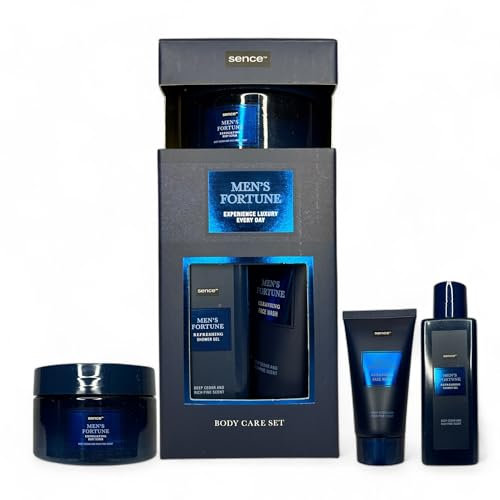 Set de Cuidado Corporal para Hombres, Good Fortune, Gel Facial, Gel de Ducha y Exfoliante Corporal - Kit de 3 Piezas Ideal para Regalo