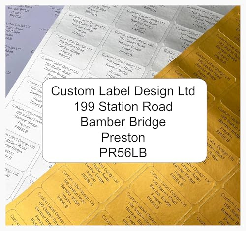38mm x 21mm Custom Address Labels - Personalised Black Print on Gold, Silver or White Stickers, (260 Labels 4 Sheets) for Envelopes, Return Address and Parcels