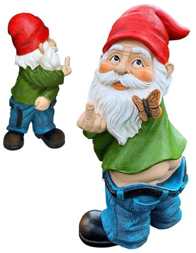 Hintyne Nain de Jardin en résine avec Doigt d'honneur 14 cm de Haut Figurine Coquine Pantalon baissé Nu pour décoration pelouse et Maison