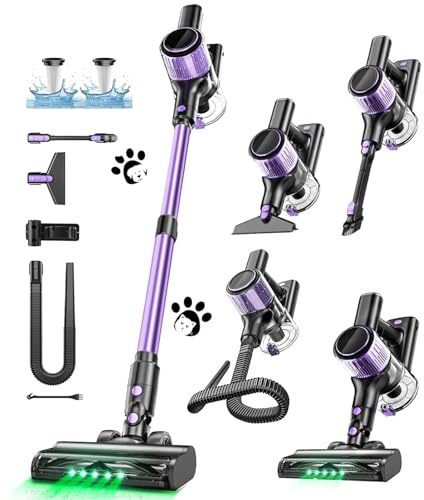 Cordless Vacuum Cleaner, 10 in 1 Stick Vacuum with Powerful Suction, Hose, Green LED Light, Anti-Tangle Brush, Lightweight Rechargeable Vacuum Cleaner for Home, Hardwood Floors,Pet Hair (Purple)