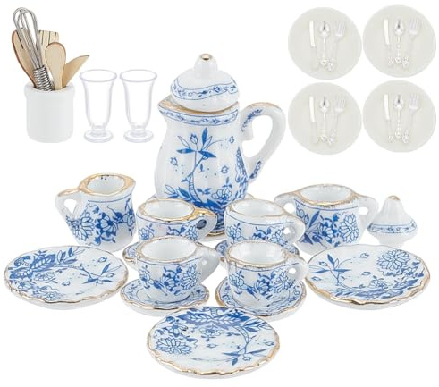 arricraft 39 Pcs 1:12 Scale Miniatures Dollhouse Kitchen Accessories, Include Mini Porcelain Tea Cup Set Egg Beaters Metal Pots and Pans Doll Plates Fork Spoon Beer Cup for Dollhouse Decoration