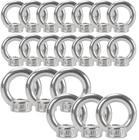 FUNSUEI 20 tuercas anulares M8, tuerca de ojo de acero inoxidable, tornillo anular, tuerca ojal para atornillar, colgar, accesorios de elevación, plata