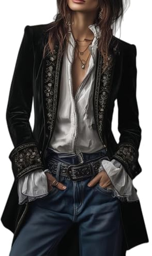 Generisch Blazer in Velluto per Donna, Mantello Vintage da Pirata con Ricamo, Mantello Lungo Vittoriano in Tinta Unita, Top Gotico Rinascimentale, Nero , L