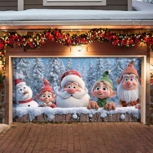 Couverture de Porte de Garage de Noël, Bannière de Noël pour Porte de Garage, Père Noëls Élan Scène Hivernale Enneigée Toile de Fond Housse de Portes Décoration de Noëls pour Maison Jardin Pelouse