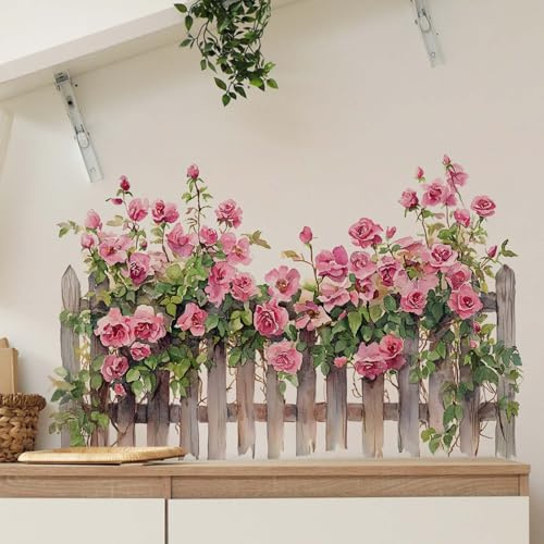 FUFUQUARE Adesivi Murali Rose Rosa Acquerello Adesivi da Parete Fiori Recinzione Vintage Decorazione Murale Floreale per Camera da Letto Soggiorno Cucina Stickers Murali Grandi Pareti Decor