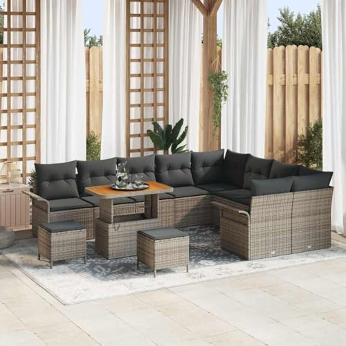 Frdhee Divano da giardino con cuscino, 12 pezzi, grigio, 90 x 55 x 71 cm, gruppo panca angolare per balcone, terrazza, cortile