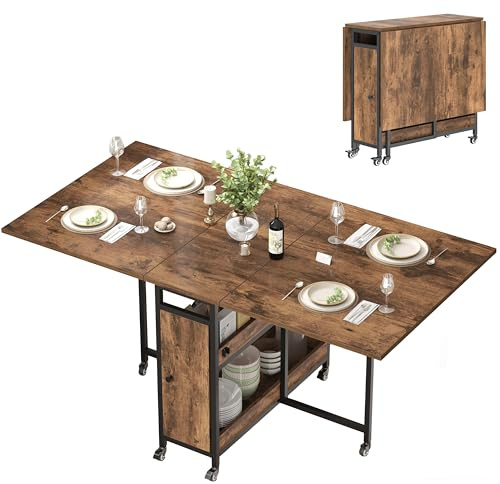 HSH Mobile Extendable Dining Table with Storage 130cm Brown Dinner Desk | Desk Wooden Metal Extendable Folding Table with Storage and Wheels, Space Saving Extending Kitchen Table for Dining Room