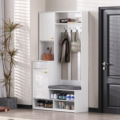 Klädhängare med sittbänk och lådor – 6-i-1 garderobsskåp med spegel & hålvägg – kommode i vit – skoskåp med sittbänk för smal hall, inkl. kantskydd (100x35x180 cm)
