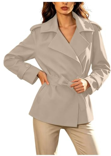 Dam kortbälte trenchcoat dubbelbröst casual jacka slät lätt, justerbart midjebälte, funktionella knappmanschetter, för kontorsarbete, avslappnade utflykter och övergångsväder.
