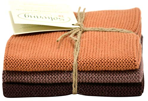 Solwang Putzlappen 3er Set, gestrickte Wischtücher aus Baumwolle (Schokolade Kombi)
