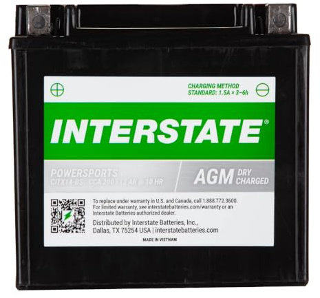 Interstate Batteries YTX14-BS 12V 12Ah Powersports Battery 200CCA AGM Rechargeable Replacement for Motorcycles, ATVs, UTVs, Scooters, Snowmobiles (CITX14-BS)