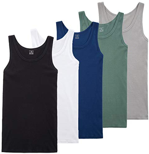 TUUHAW Débardeur Homme Lot de 5 Maillot de 100% Coton Maillot de Corps Noir/Blanc/Gris/Bleu/Olive XL