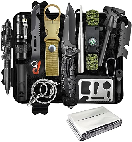 Survival Kit 13 in 1, Professionelles Notfall Survival Kit mit Klappmesser, Taschenlampe, Survival Ausrüstung für Outdoor Camping, Abenteuer, Wandern, Jagen, Angeln, Männer, Väter
