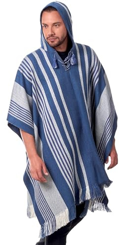 INTI ALPACA Men's Hooded Alpaca Poncho - Handmade Cape - Winter Fashion - Traditional Peruvian Poncho - Home Cloak Coat (Steel Blue)