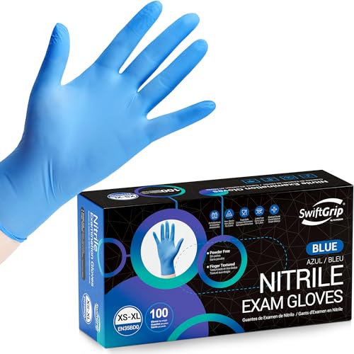 SwiftGrip Blue Nitrile Gloves, Medical Exam Disposable Rubber Gloves Latex Free & Powder Free for Cooking, Cleaning, Hair Dyeing, Salon, Tattoo (Box of 100, X-Large)