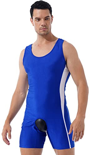 Vxuxlje Men's Sexy U Neck Backless Wrestling Singlet Tights Bodysuit Open Butt Outfit Swimsuit Blue XX-Large
