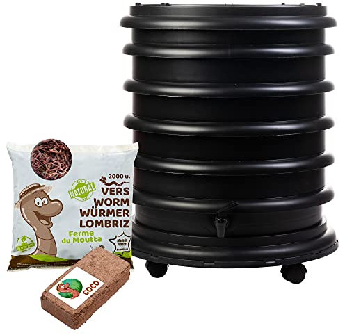 WormBox | Lombricomposteur 4 Plateaux Noir + 1kg de vers de Compost + 1 Bloc Coco | 64 litres | Compostez Vos déchets organiques, Les vers de Terre/lombrics produisent du lombricompost