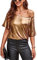 VIDUSSA Damen Kurzarm Glitzer Oberteile Funkelnd Tops Schulterfrei Shirt Tunika Lässig Party Club Blusen Gold S