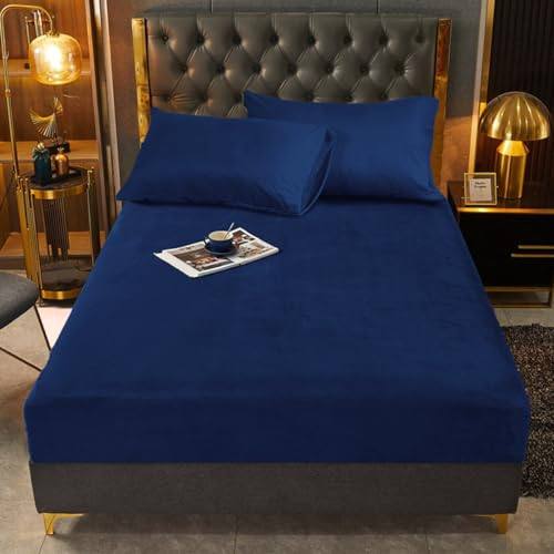 Spannbettlaken 90x200cm Warm Blau Marineblau Winter Samt Warm Kuschel Boxspringbett Frottee Bettlaken Spannbetttuch Uni Spannbetttücher für 90 x 200 Hohe Matratze bis 25-30 cm
