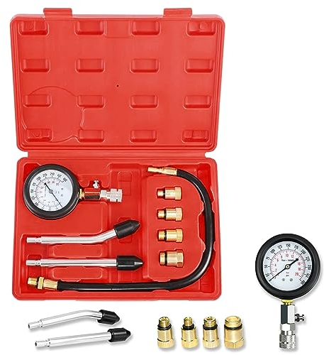 SUBTLETY 8tlg Kompressionstester Auto Kompressionsprüfer Set inkl. 0-20 Bar (0-300 psi) Kompressionsmessgerät 2 Steckanschluss 4 Adapter & 1 Gummiharzschlauch Kompressionsprüfgerät für KFZ Motorrad