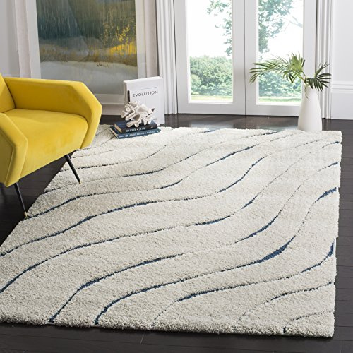 Safavieh Tappeto Shag per Soggiorno, Sala da pranzo, Camera da letto - Florida Shag Collection, A Pelo Lungo, Crema e blu, 160 X 229 cm