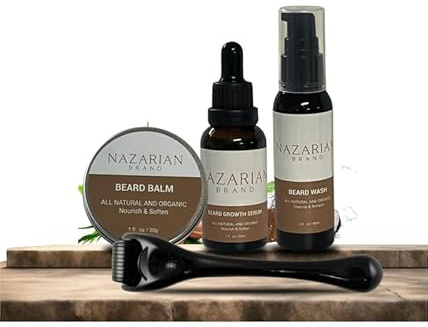 Nazarian Beard Growth Kit for Men - Includes 2oz Beard Growth Oil & Serum, Beard Balm & Shampoo - Ammonia & Sulphate Free Beard Kit - Beard Grooming Gift Set for Men - All Hair Types