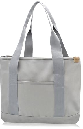 Damen Groß Handtasche mit Laptopfach Canvas Satchel Tote Bag Schultertasche Shopper Tasche für Arbeit Bücher Alltag Lehrertasche grau Large