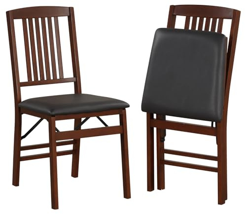 COSTWAY Folding Chairs Set of 2, Rubber Wood Counter Dining Chairs with Backrest & Padded Seat, Kitchen Office Conference Side Chair Seating (PVC Leather Seat, Slatted Back, Black + Brown)